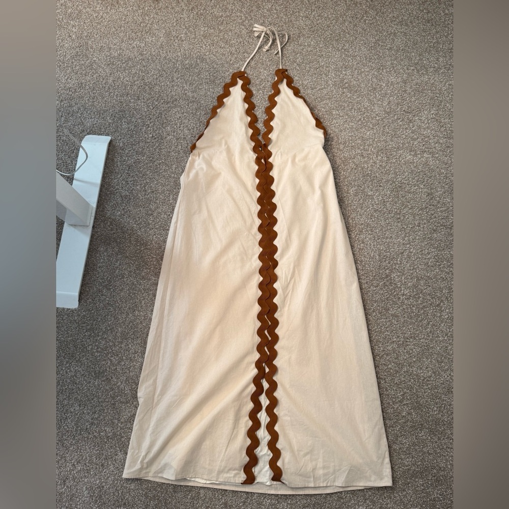 Perl + Pug Halter Maxi Dress Cream Brown Ric Rac Trim XL